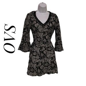 OVS Small Italian Cotton Tunic Bikini Coverup Dress Black White Floral Paisely P